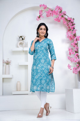 aarav creationss Women Floral Print, Printed Straight Kurta(Blue)