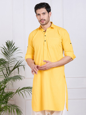 Rajubhai Hargovindas Men Solid Pathani Kurta(Yellow)