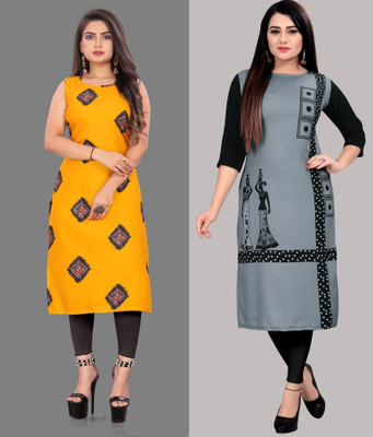 Modli 20 Fashion Women Printed Straight Kurta(Grey, Yellow)