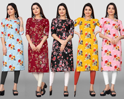 MAA FAB Women Floral Print Straight Kurta(Maroon)