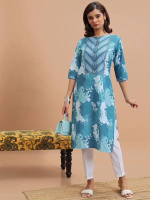 KETCH Women Printed Straight Kurta(Blue)