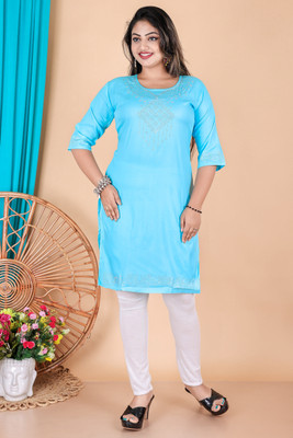 TurningFashion Women Embellished Straight Kurta(Light Blue)