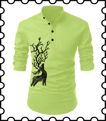 Kavyangle Creation Men Animal Print Straight Kurta(Light Green)