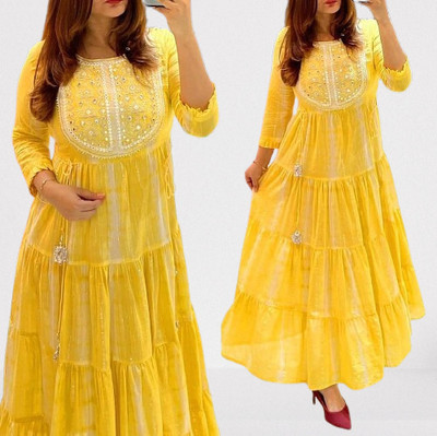 NeedlesCra Women Embroidered Gown Kurta(Yellow)