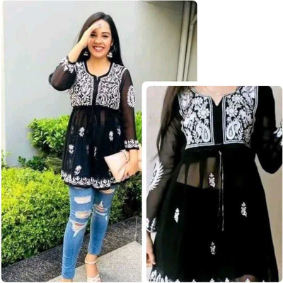 ATOZENTERPRISE Women Embroidered Anarkali Kurta(Black)