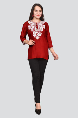 feb style traders Women Embroidered A-line Kurta(Red)