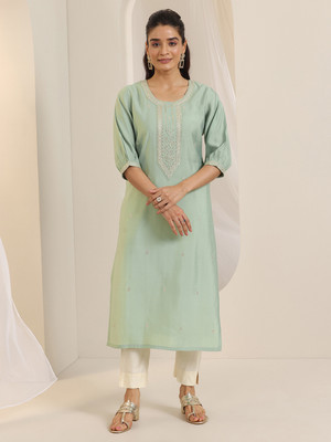 LIBAS Women Embroidered Straight Kurta(Green)