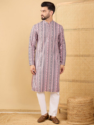 House of Pataudi Men Geometric Print Straight Kurta(Pink)