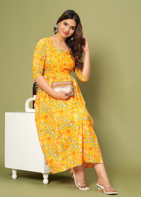 CLOTHYFUSION Women Printed A-line Kurta(Orange)