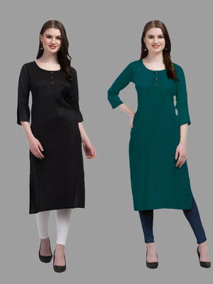 Coft Women Solid Straight Kurta(Black, Dark Green)