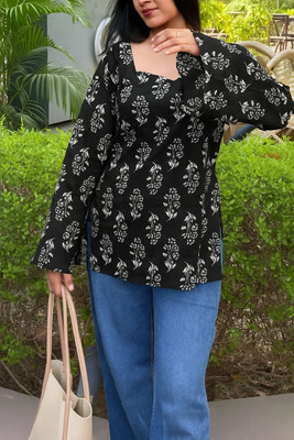 TIYASQA Women Floral Print A-line Kurta(Black)