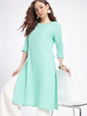 Anouk Rustic Women Solid Straight Kurta(Green)