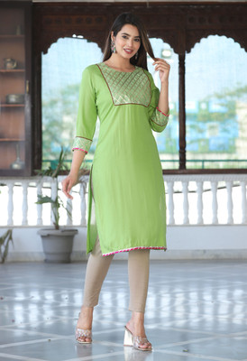PAL CREATION Women Solid, Self Design Straight Kurta(Green, Light Green)