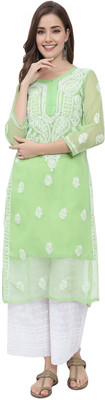 Ekkambar Women Chikan Embroidery Straight Kurta(Green, White)