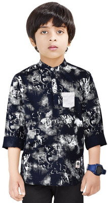 NirvaanaTrends Boys Printed Straight Kurta(Dark Blue, White)