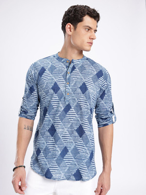 Anouk Rustic Men Geometric Print Straight Kurta(Blue)