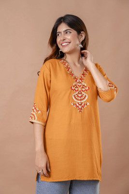 KS Collections Women Embroidered A-line Kurta(Orange)