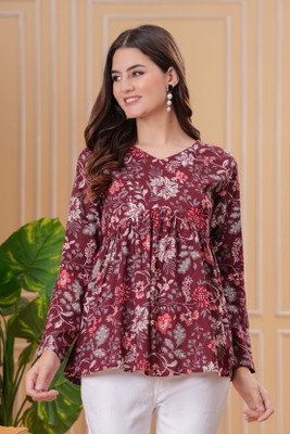 PB Creation Women Printed Flared Kurta(Maroon)