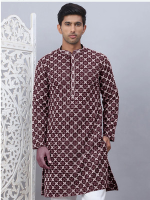 GRATITUDE ROCK Men Embroidered Straight Kurta(Brown)