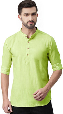 Navkanj Men Solid Asymmetric Kurta(Dark Green)