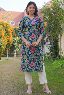VBUYZ Women Floral Print Straight Kurta(Blue)
