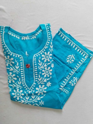 Adab chikan handicraft Women Chikan Embroidery A-line Kurta(Light Blue)