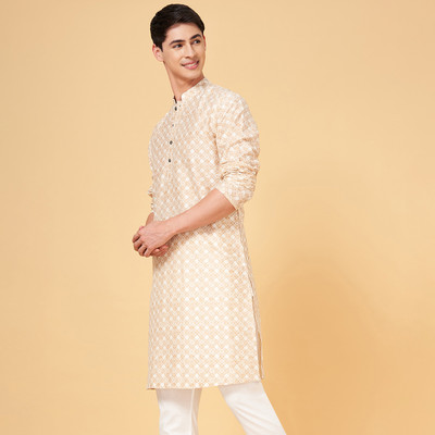 Indus Route by Pantaloons Men Dyed/Ombre Straight Kurta(White)