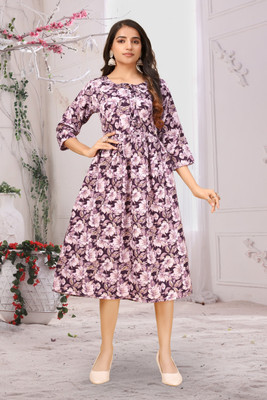 Manthan Creation Women Printed Flared Kurta(Purple)