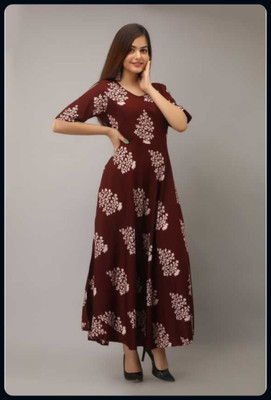 RACHNA FASHION Women Printed Flared Kurta(Brown)