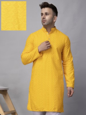 Hangup Men Embroidered A-line Kurta(Yellow)