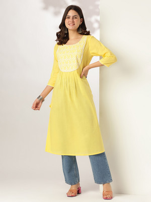Janasya Women Embroidered A-line Kurta(Yellow)