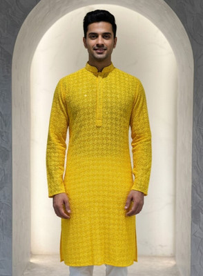 JUGG JUGG JEEYO Men Self Design Straight Kurta(Yellow)