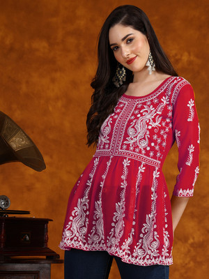 Anmi Embroidered Women Flared Kurta(Red)