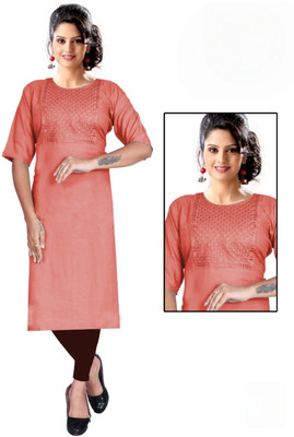 PickCell Women Embroidered, Solid Straight Kurta(Orange)