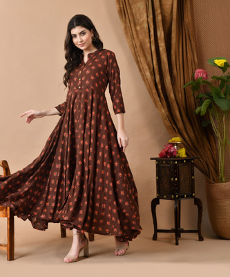 ftDiva Women Floral Print Anarkali Kurta(Brown)