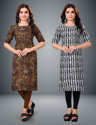 YATKSH Women Printed Straight Kurta(Black)