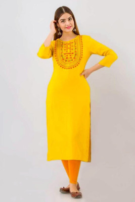 Shri Krishna Print Women Embroidered Straight Kurta(Yellow)