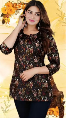 ABC Women Printed A-line Kurta(Black)