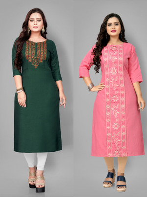 Fabriza Women Embroidered A-line Kurta(Green, Pink)