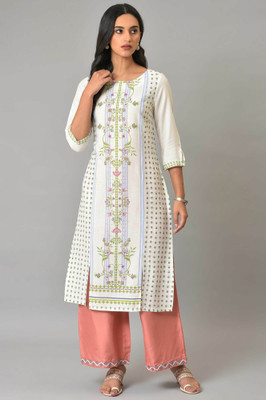 W Women Floral Print Straight Kurta(White)