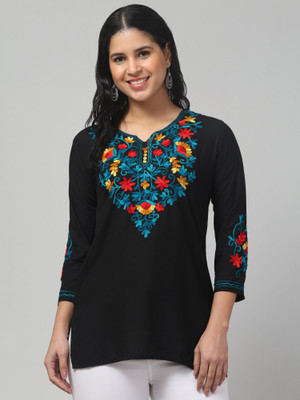 STYLE PREZONE Women Embroidered A-line Kurta(Black)