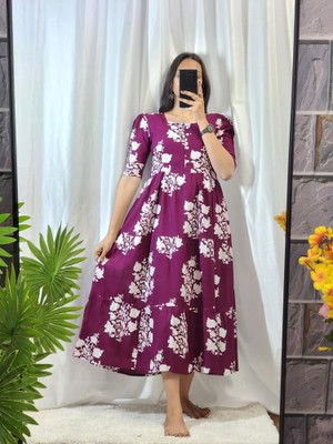 KUnzkes Women Printed Anarkali Kurta(Purple)