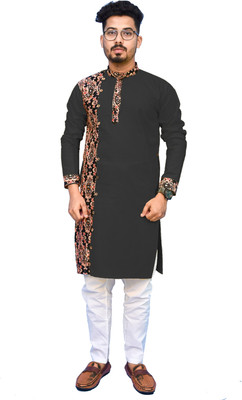 Rainbow Cloths Men Printed Straight Kurta(Black)