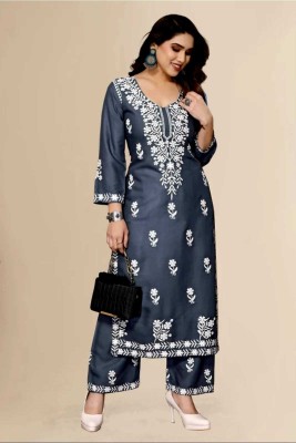 zhouse Women Chikan Embroidery Straight Kurta(Dark Blue)