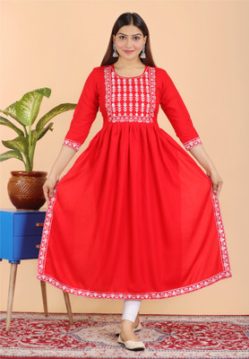 Hand Block Print Women Embroidered Straight Kurta(Red)