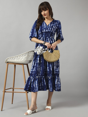 Jash Creation Women Fit and Flare Blue, White Midi/Calf Length Dress