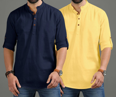 ROYAL SCOUT Men Solid Straight Kurta(Dark Blue, Yellow)