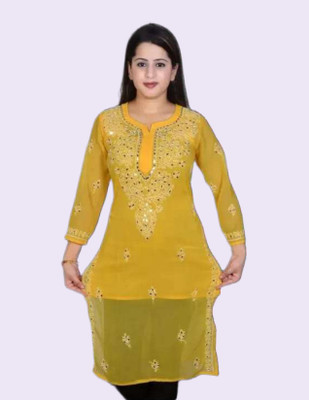 KKHANS SHERAS Women Embroidered Straight Kurta(Yellow)