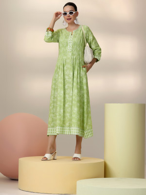 LIBAS Women Printed A-line Kurta(Green)