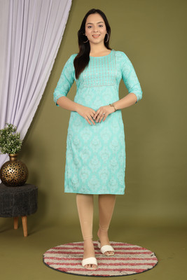SHIN HIGH Women Printed Straight Kurta(Light Blue)